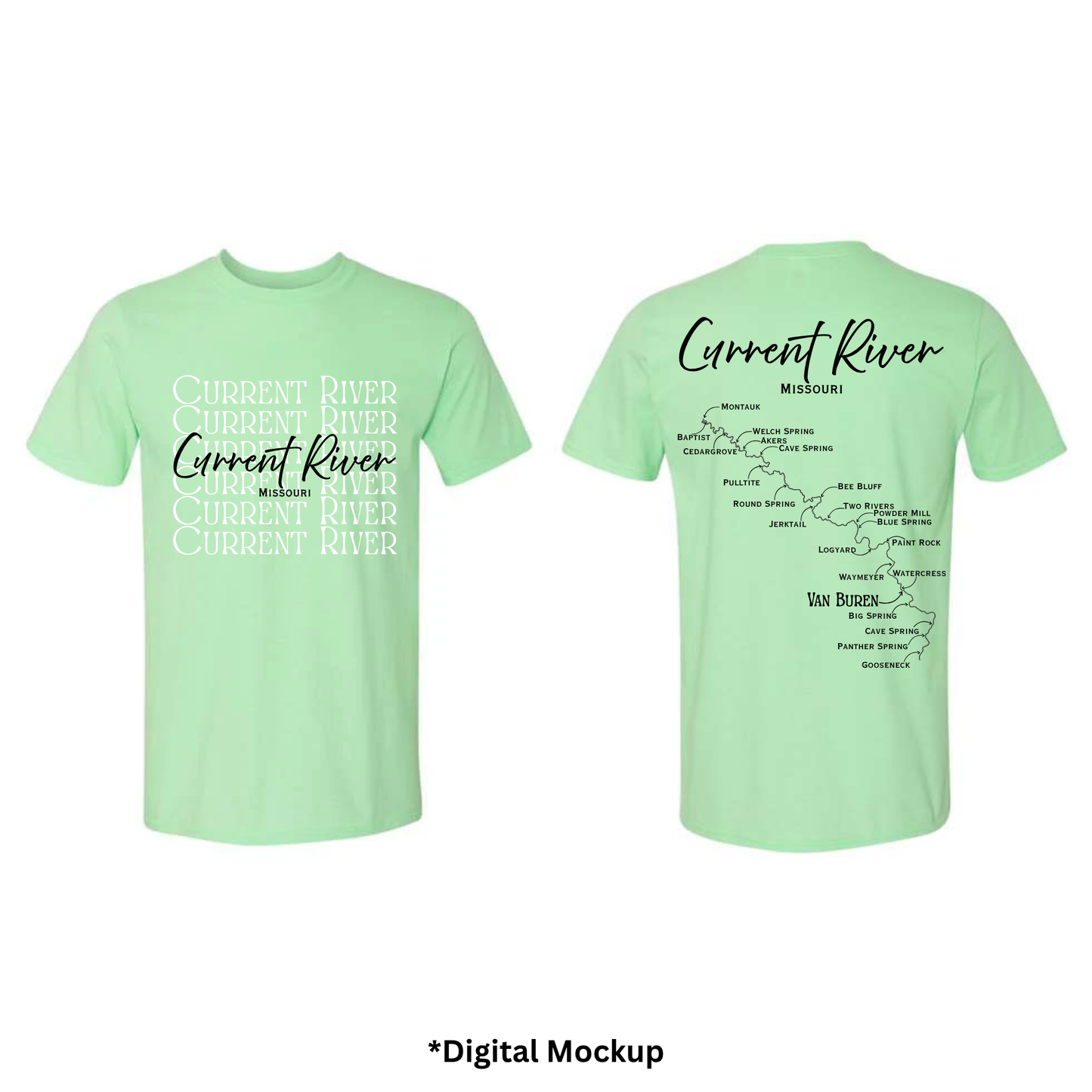 Front and back views of a mint green t-shirt featuring 'Current River' text and map graphics, shown on a white background with a digital mockup label at the bottom.