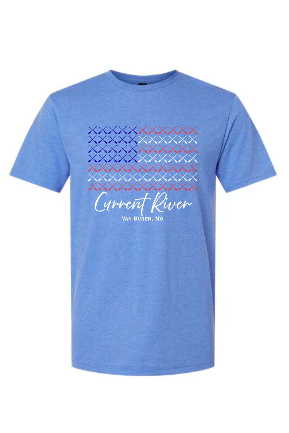 Heather blue t-shirt with a graphic design of multiple canoe paddles arranged to look like a US Flag. The text "Current River Van Buren, Mo" is at the bottom.