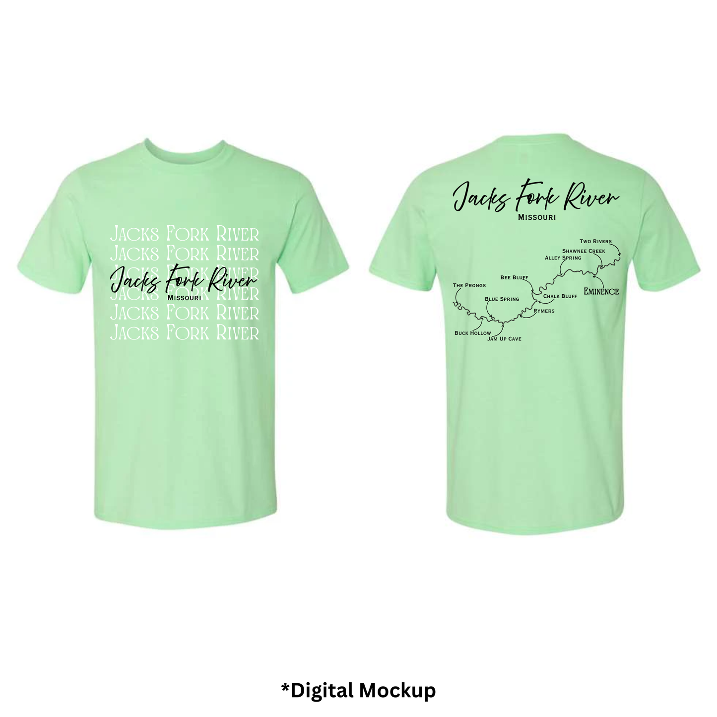 Front and back views of a mint green t-shirt featuring 'Jacks Fork River' text and map graphics, shown on a white background with '*Digital Mockup' text below.