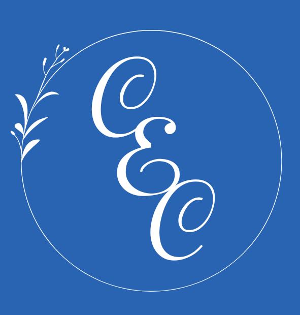 White monogram 'CEC' with decorative elements on a blue background
