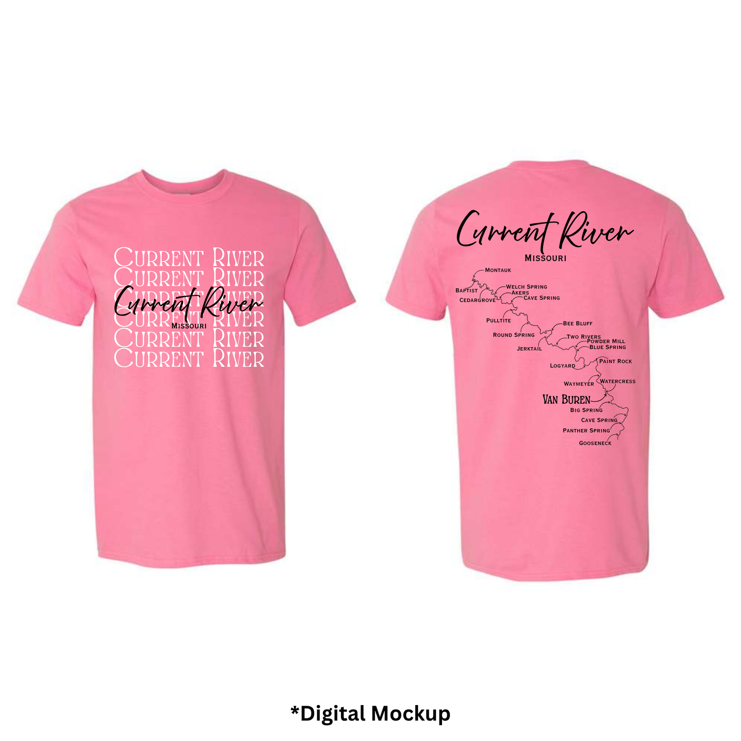 Front and back views of a light pink t-shirt featuring 'Current River' text and map graphics, shown on a white background with a digital mockup label at the bottom.