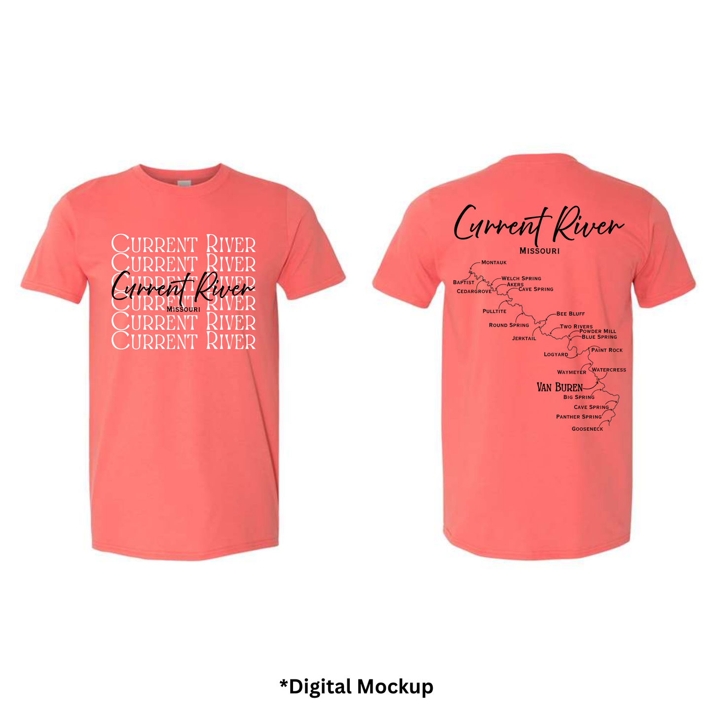 Front and back views of a coral pink t-shirt featuring 'Current River' text and map graphics, shown on a white background with a digital mockup label at the bottom.