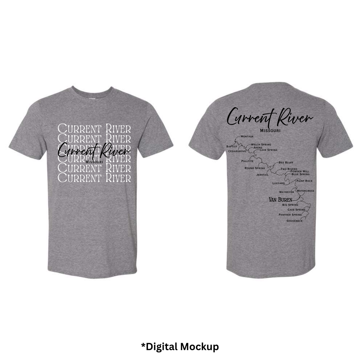Front and back views of a heather gray t-shirt featuring 'Current River' text and map graphics, shown on a white background with a digital mockup label at the bottom.