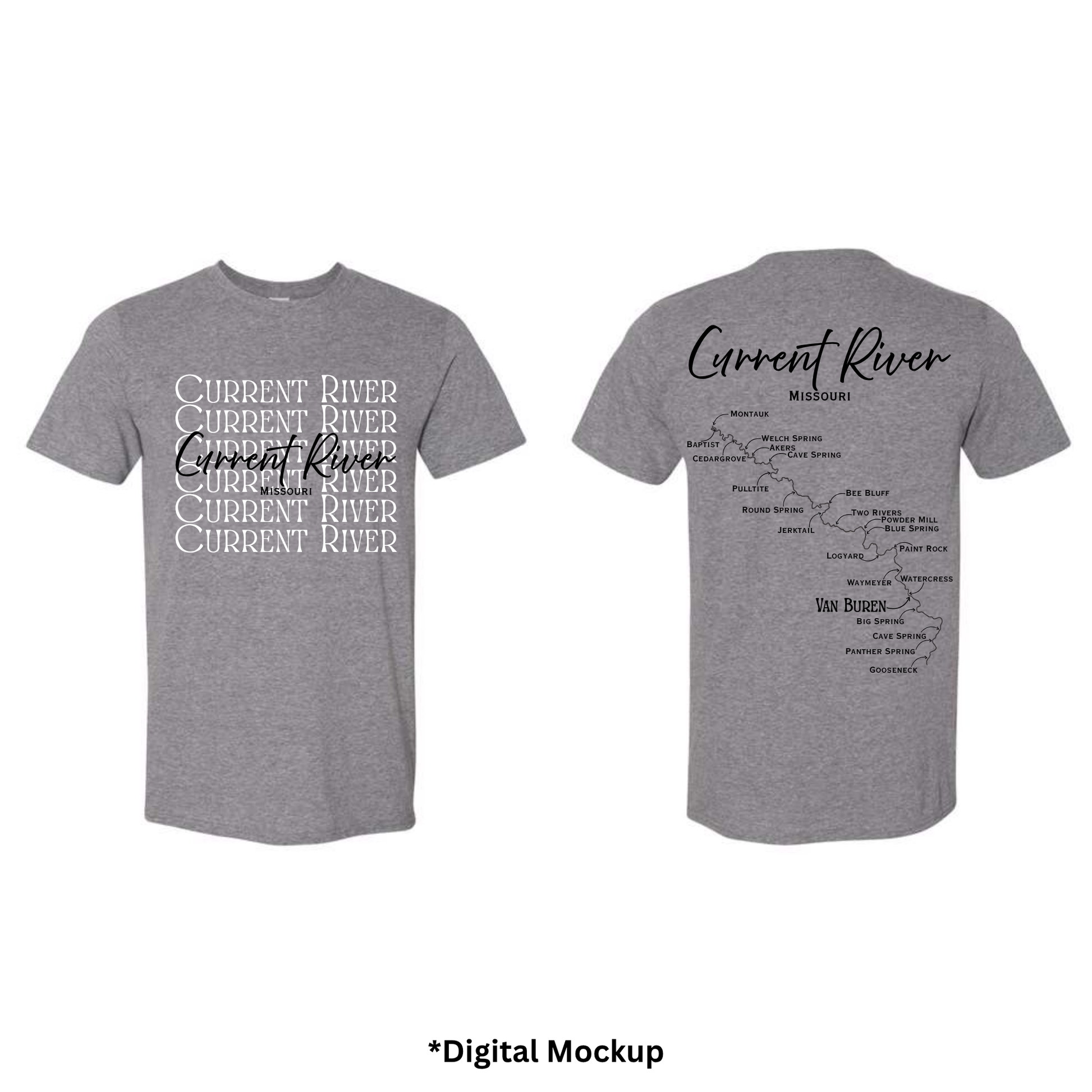 Front and back views of a heather gray t-shirt featuring 'Current River' text and map graphics, shown on a white background with a digital mockup label at the bottom.