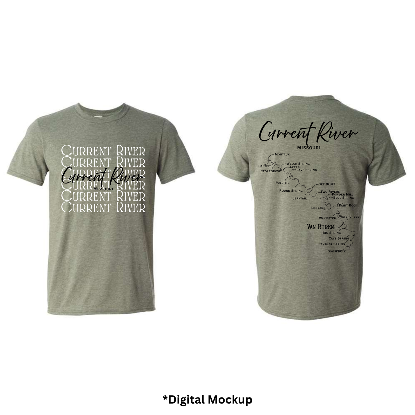 Front and back views of a heather green t-shirt featuring 'Current River' text and map graphics, shown on a white background with a digital mockup label at the bottom.