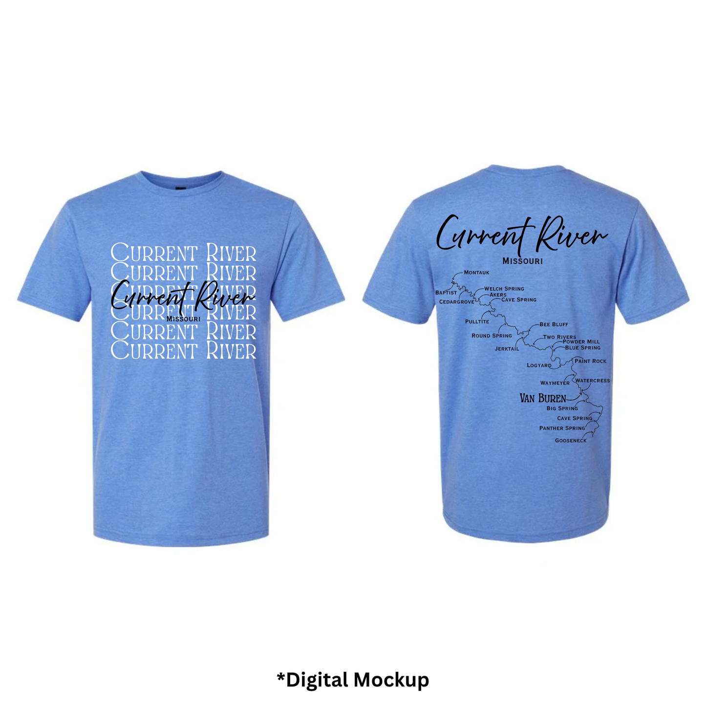 Front and back views of a heather blue t-shirt featuring 'Current River' text and map graphics, shown on a white background with a digital mockup label at the bottom.