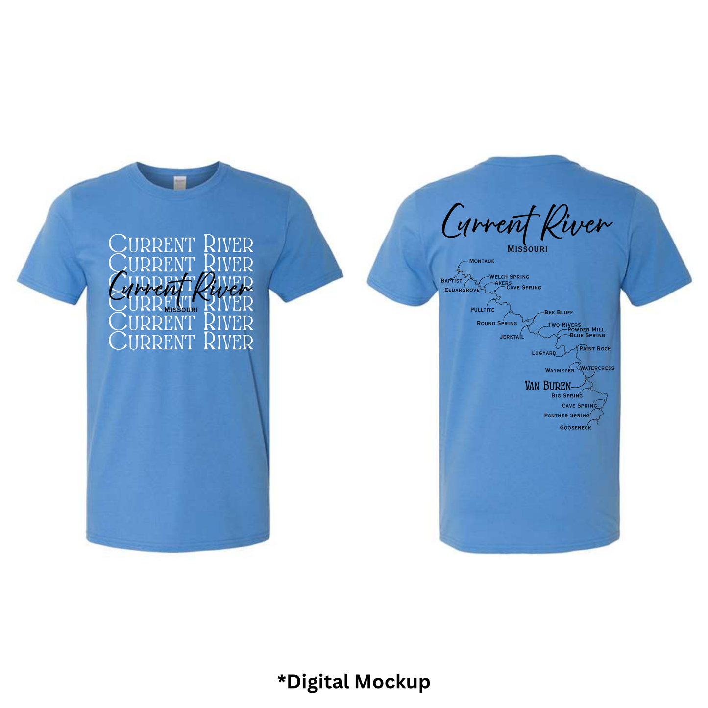 Front and back views of a light blue t-shirt featuring 'Current River' text and map graphics, shown on a white background with a digital mockup label at the bottom.