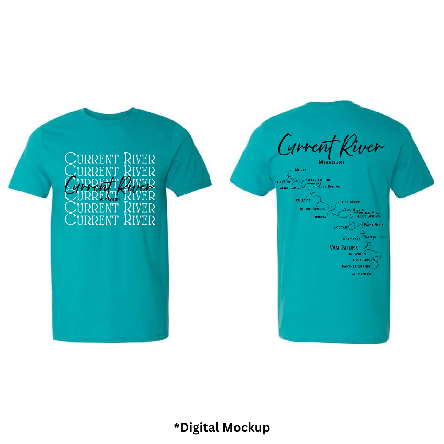 Front and back views of a jade green t-shirt featuring 'Current River' text and map graphics, shown on a white background with a digital mockup label at the bottom.
