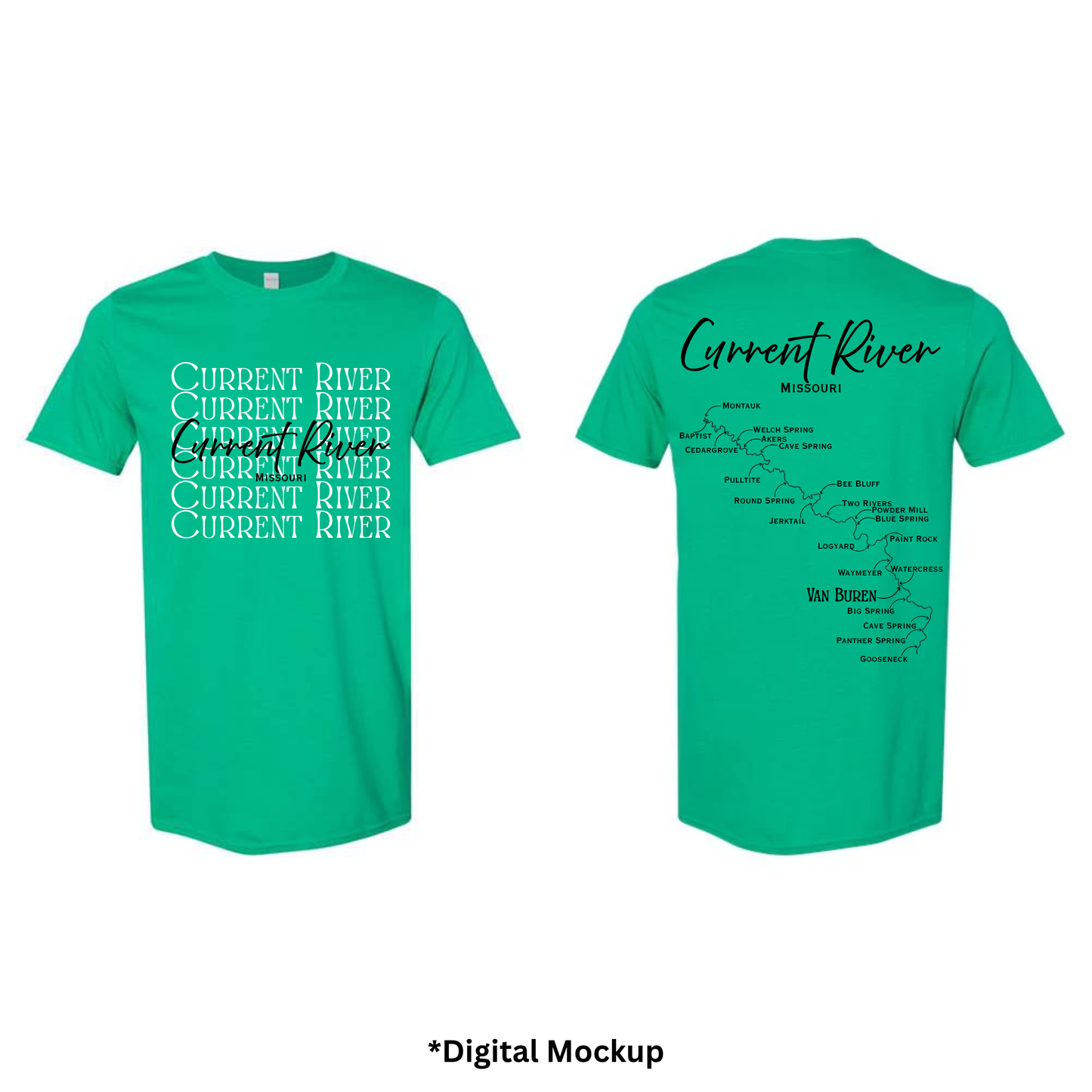 Front and back views of a green t-shirt featuring 'Current River' text and map graphics, shown on a white background with a digital mockup label at the bottom.