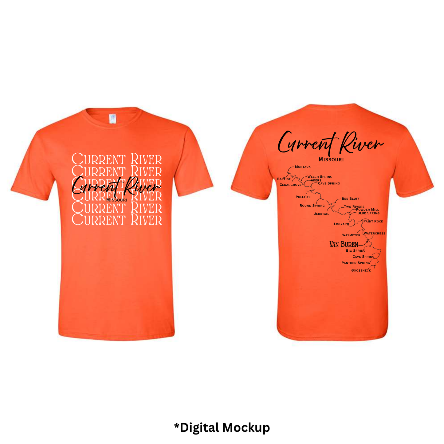 Front and back views of an orange t-shirt featuring 'Current River' text and map graphics, shown on a white background with a digital mockup label at the bottom.