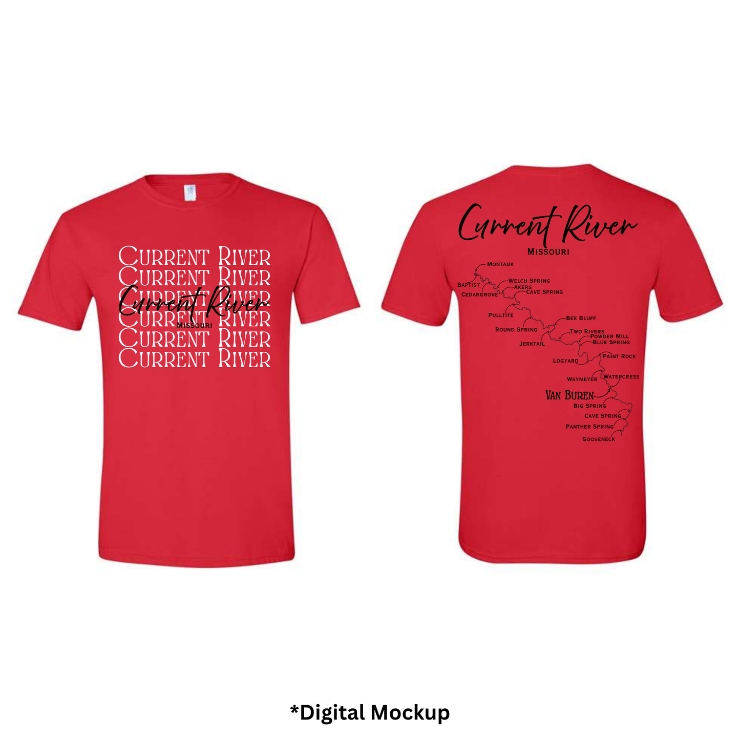 Front and back views of a red t-shirt featuring 'Current River' text and map graphics, shown on a white background with a digital mockup label at the bottom.