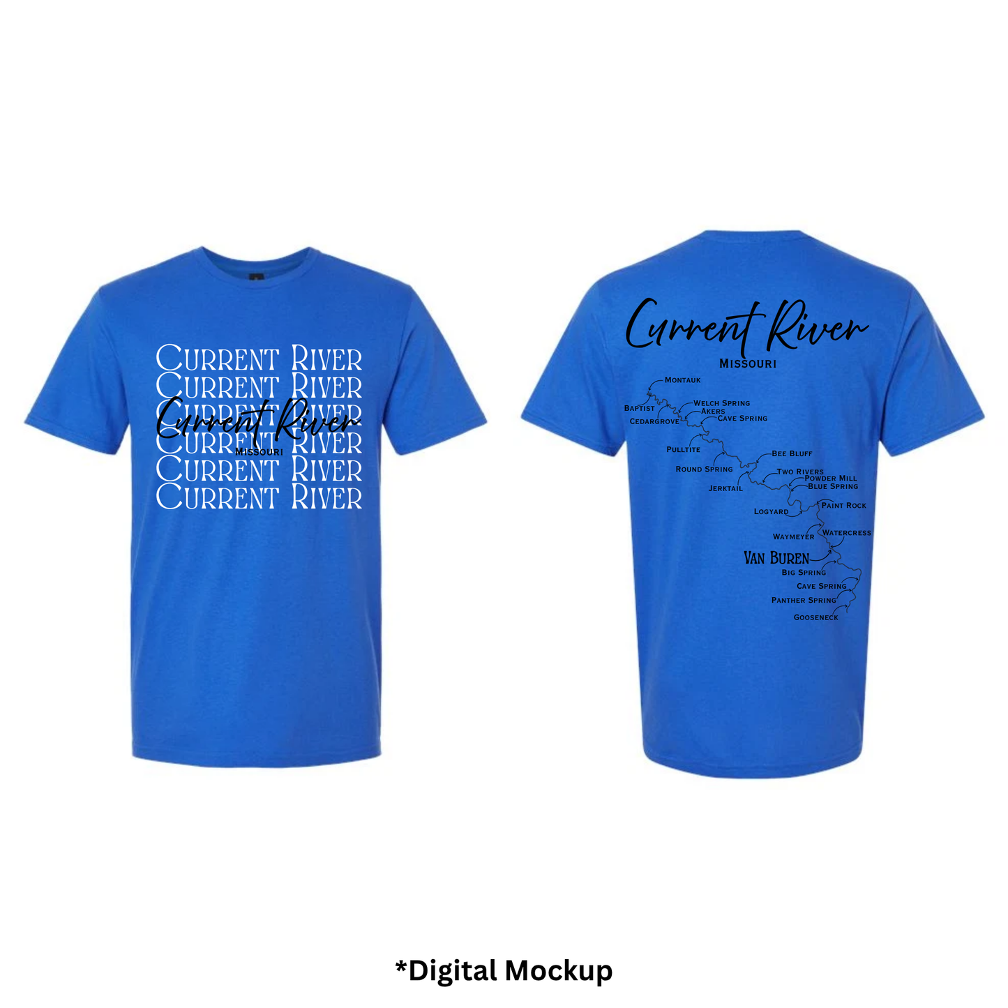 Front and back views of a blue t-shirt featuring 'Current River' text and map graphics, shown on a white background with a digital mockup label at the bottom.
