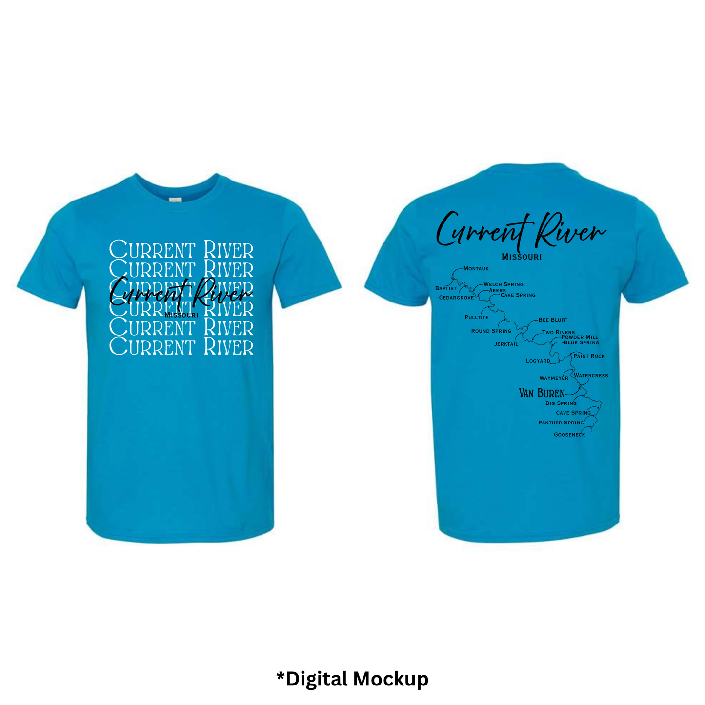Front and back views of a sapphire blue t-shirt featuring 'Current River' text and map graphics, shown on a white background with a digital mockup label at the bottom.