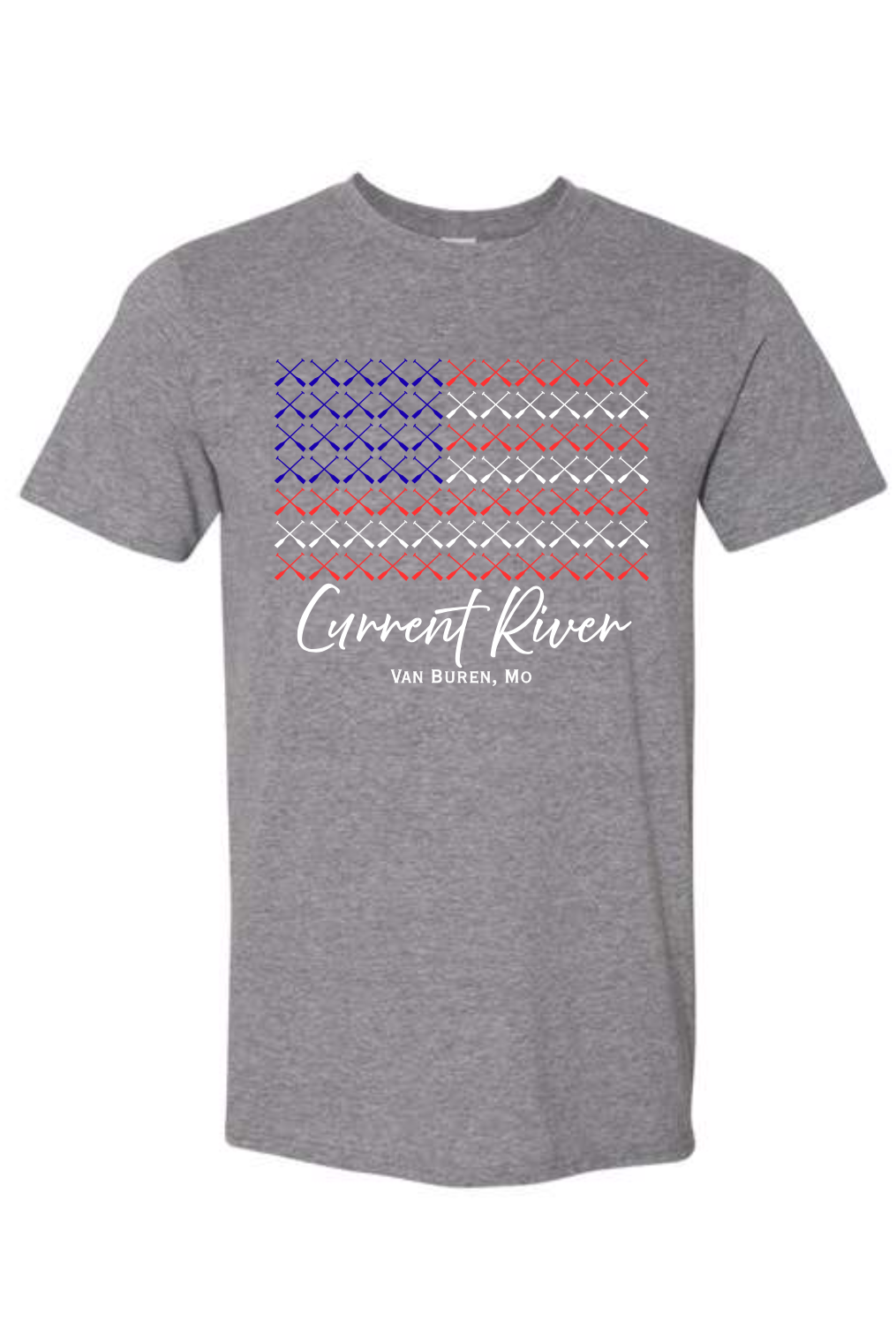 Heather gray t-shirt with a graphic design of multiple canoe paddles arranged to look like a US Flag. The text "Current River Van Buren, Mo" is at the bottom. 