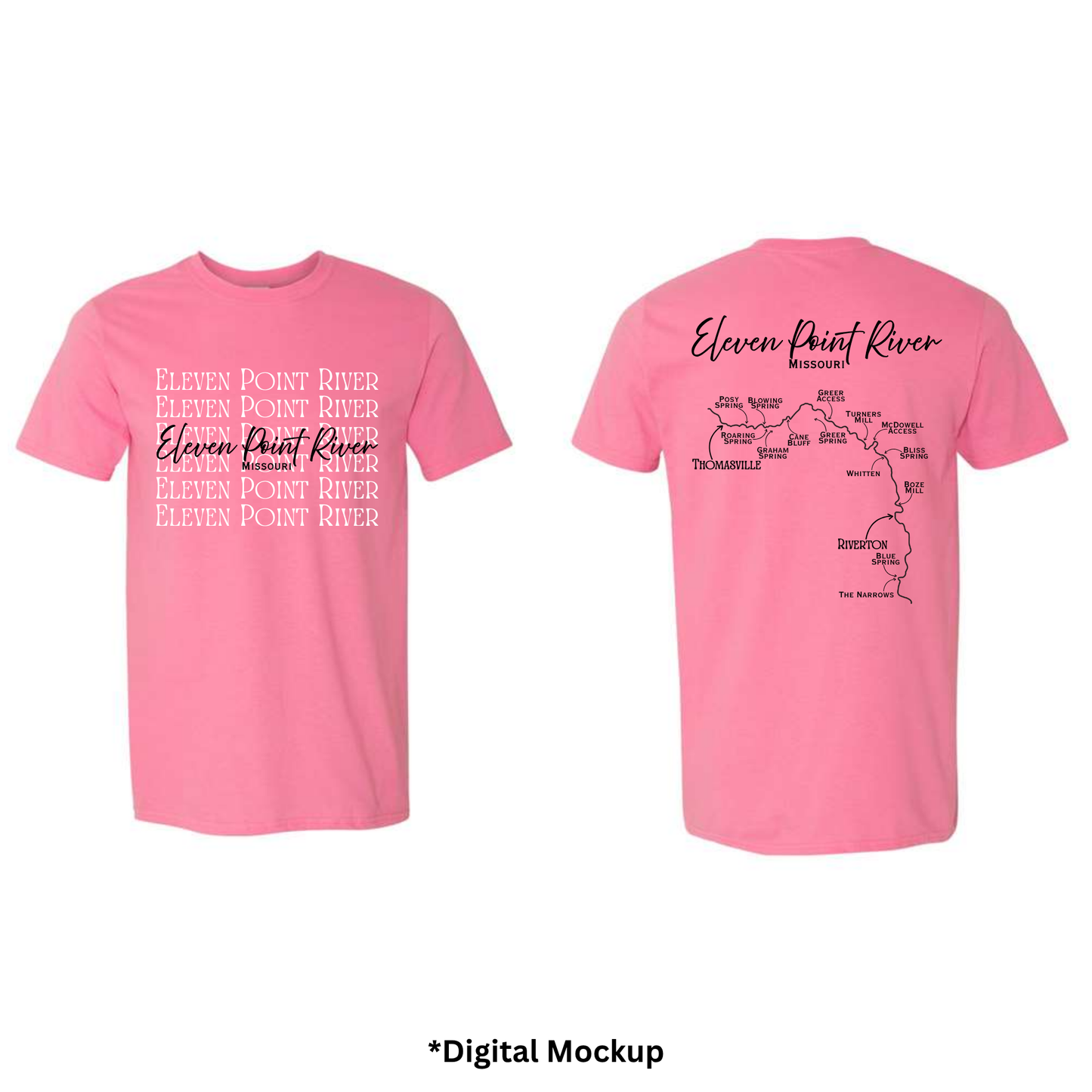 Front and back views of a light pink t-shirt featuring 'Eleven Point River' text and map graphics, shown on a white background with a digital mockup label at the bottom.