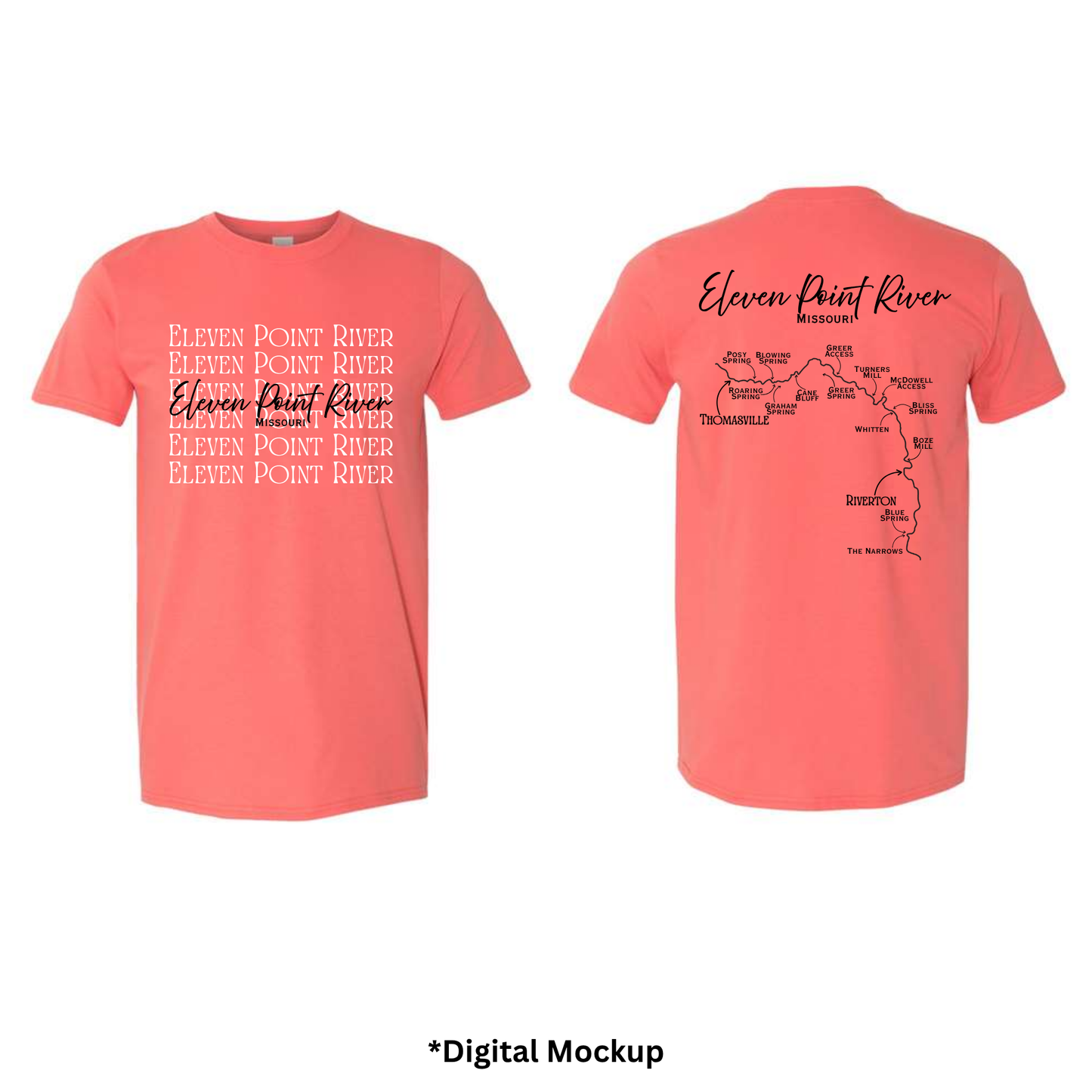 Front and back views of a coral pink t-shirt featuring 'Eleven Point River' text and map graphics, shown on a white background with a digital mockup label at the bottom.