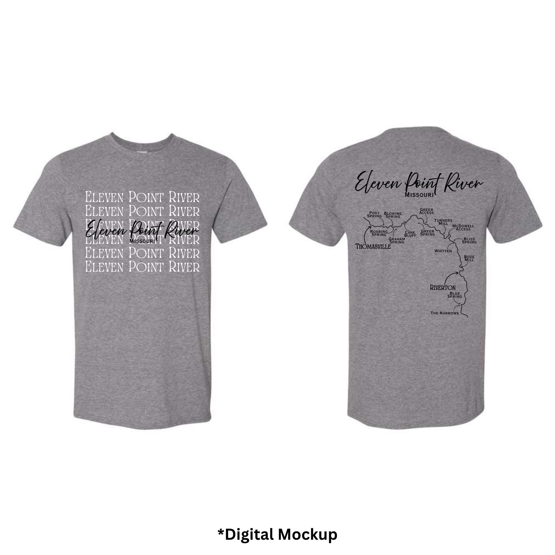 Front and back views of a heather gray t-shirt featuring 'Eleven Point River' text and map graphics, shown on a white background with a digital mockup label at the bottom.
