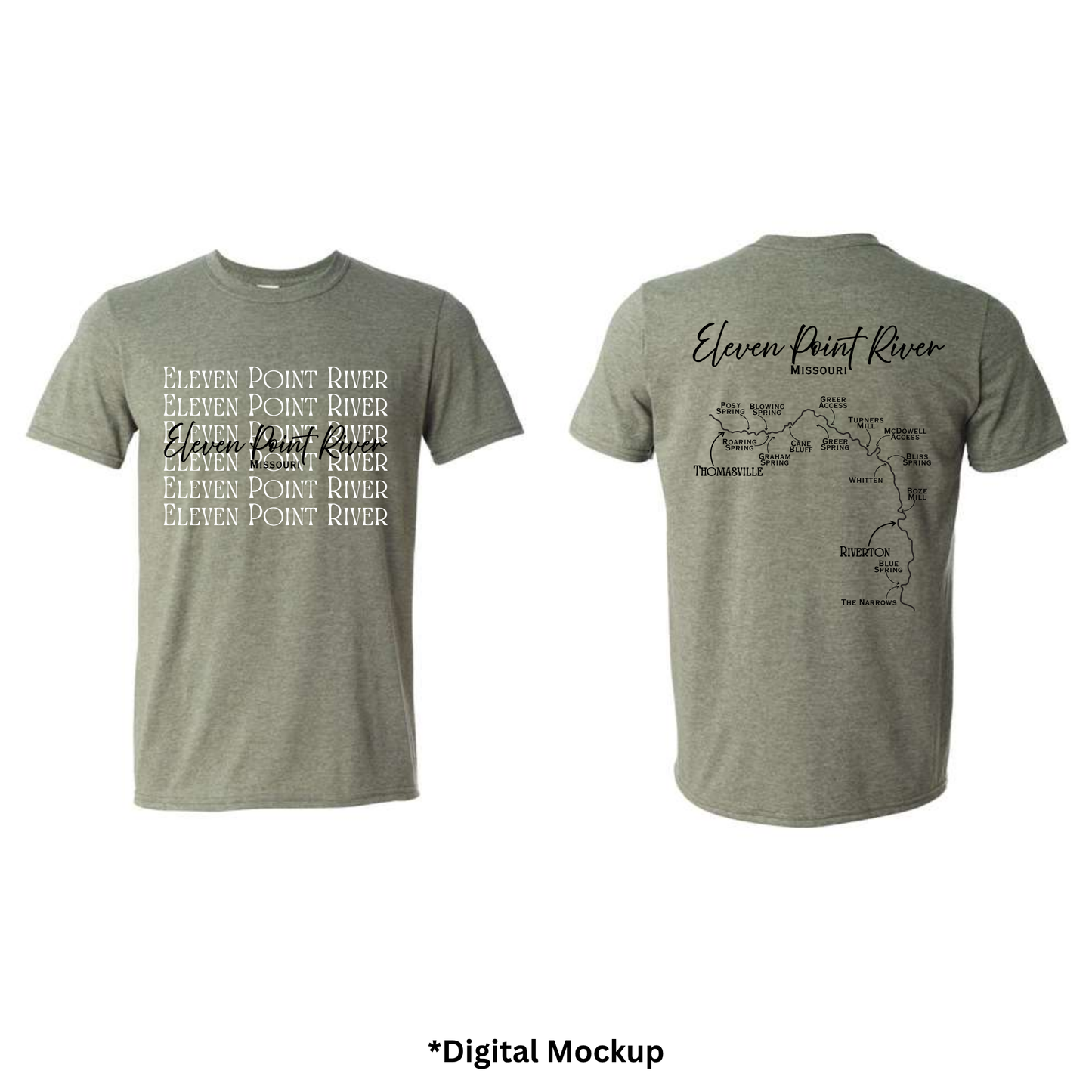Front and back views of a heather green t-shirt featuring 'Eleven Point River' text and map graphics, shown on a white background with a digital mockup label at the bottom.