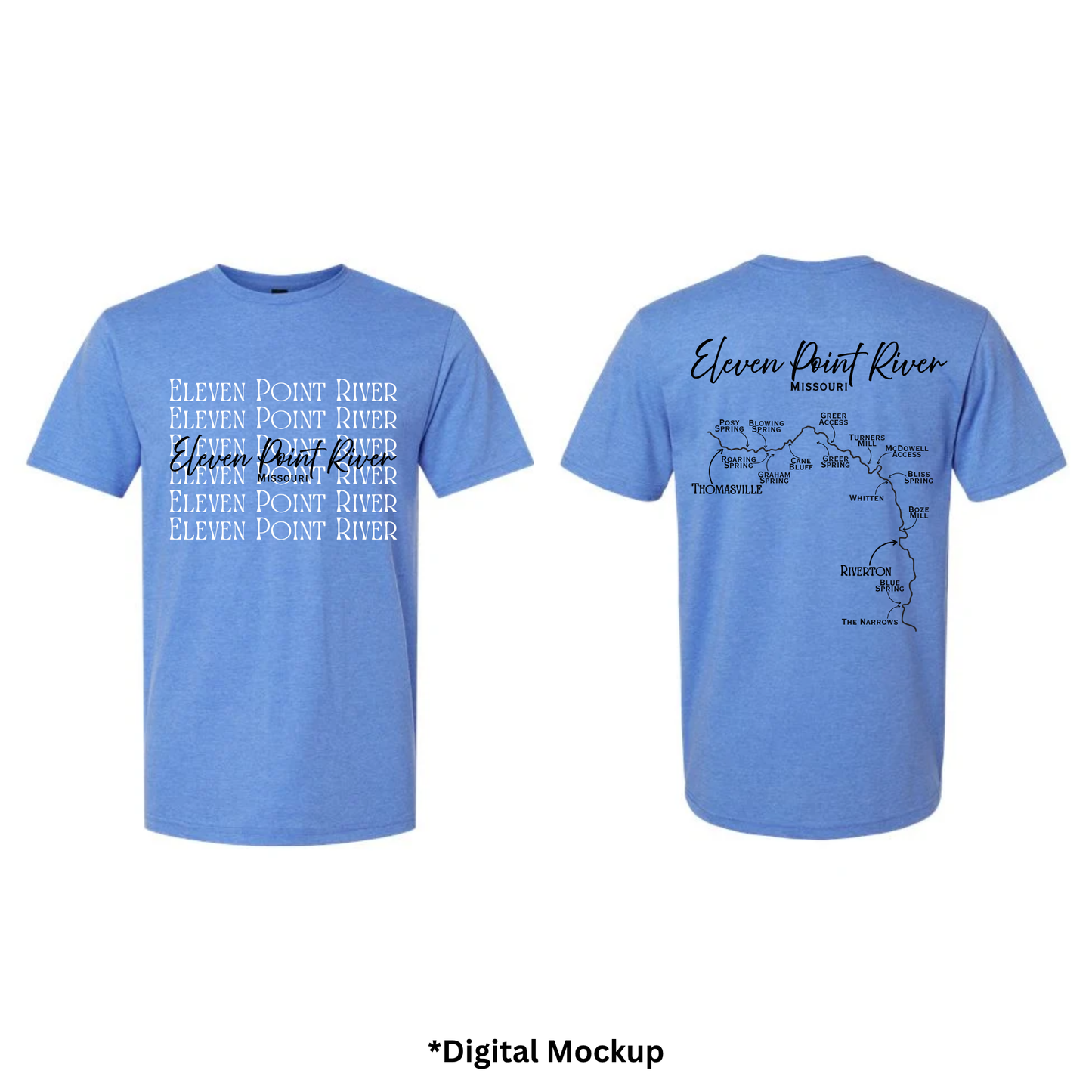 Front and back views of a light blue heather t-shirt featuring 'Eleven Point River' text and map graphics, shown on a white background with a digital mockup label at the bottom.