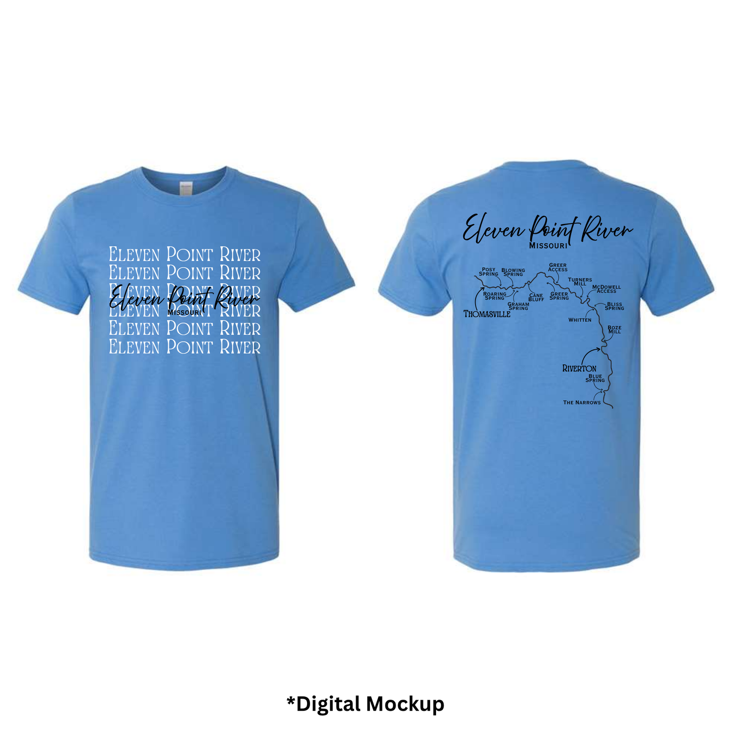 Front and back views of a light blue t-shirt featuring 'Eleven Point River' text and map graphics, shown on a white background with a digital mockup label at the bottom.
