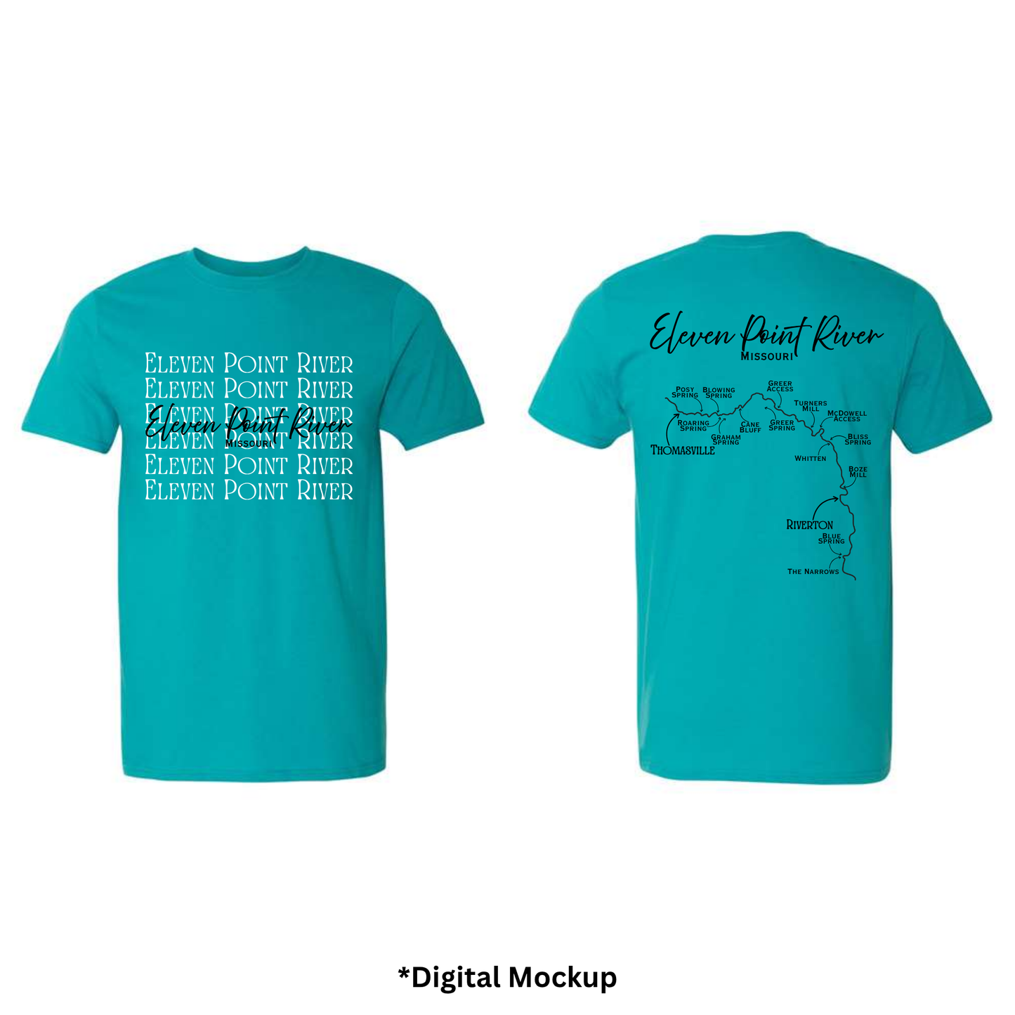 Front and back views of a jade green t-shirt featuring 'Eleven Point River' text and map graphics, shown on a white background with a digital mockup label at the bottom.