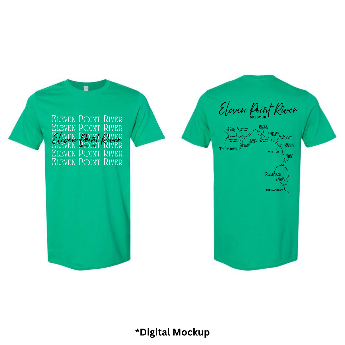 Front and back views of a green t-shirt featuring 'Eleven Point River' text and map graphics, shown on a white background with a digital mockup label at the bottom.