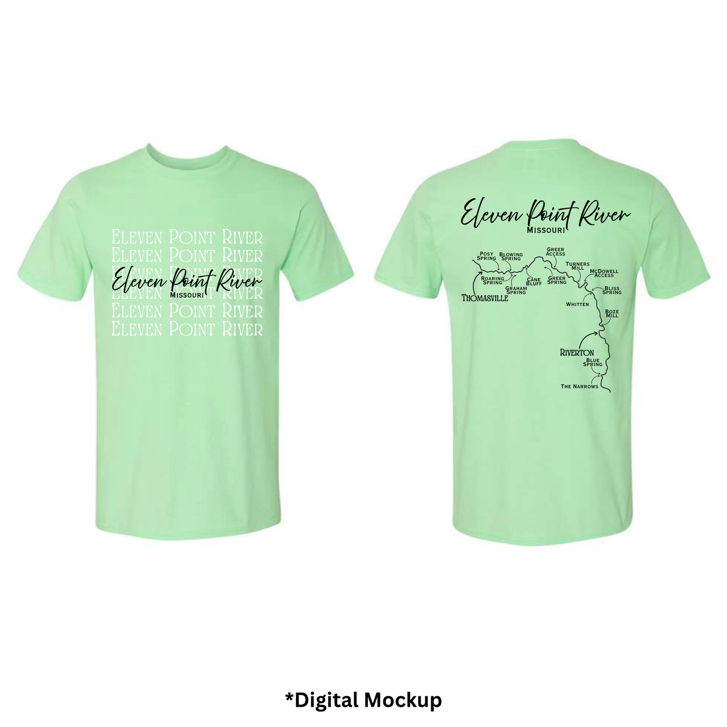 Front and back views of a mint green t-shirt featuring 'Eleven Point River' text and map graphics, shown on a white background with a digital mockup label at the bottom.