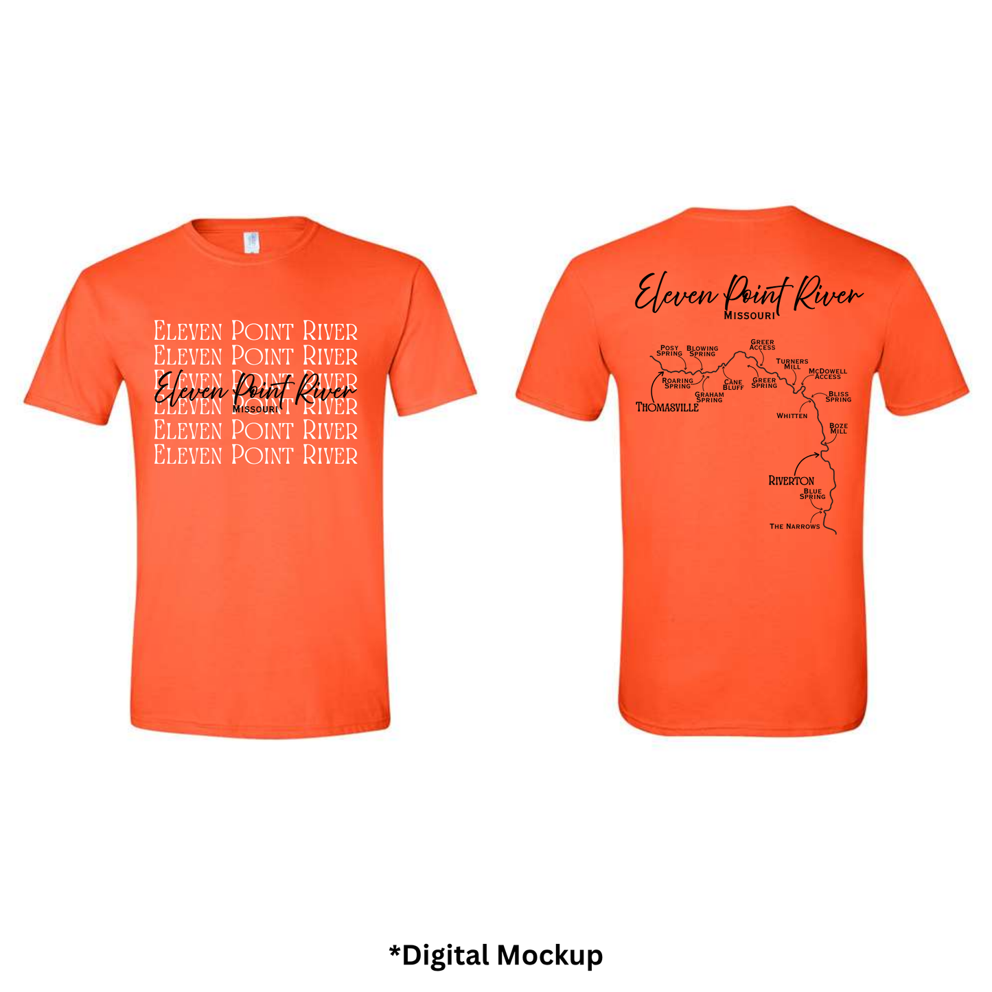 Front and back views of an orange t-shirt featuring 'Eleven Point River' text and map graphics, shown on a white background with a digital mockup label at the bottom.