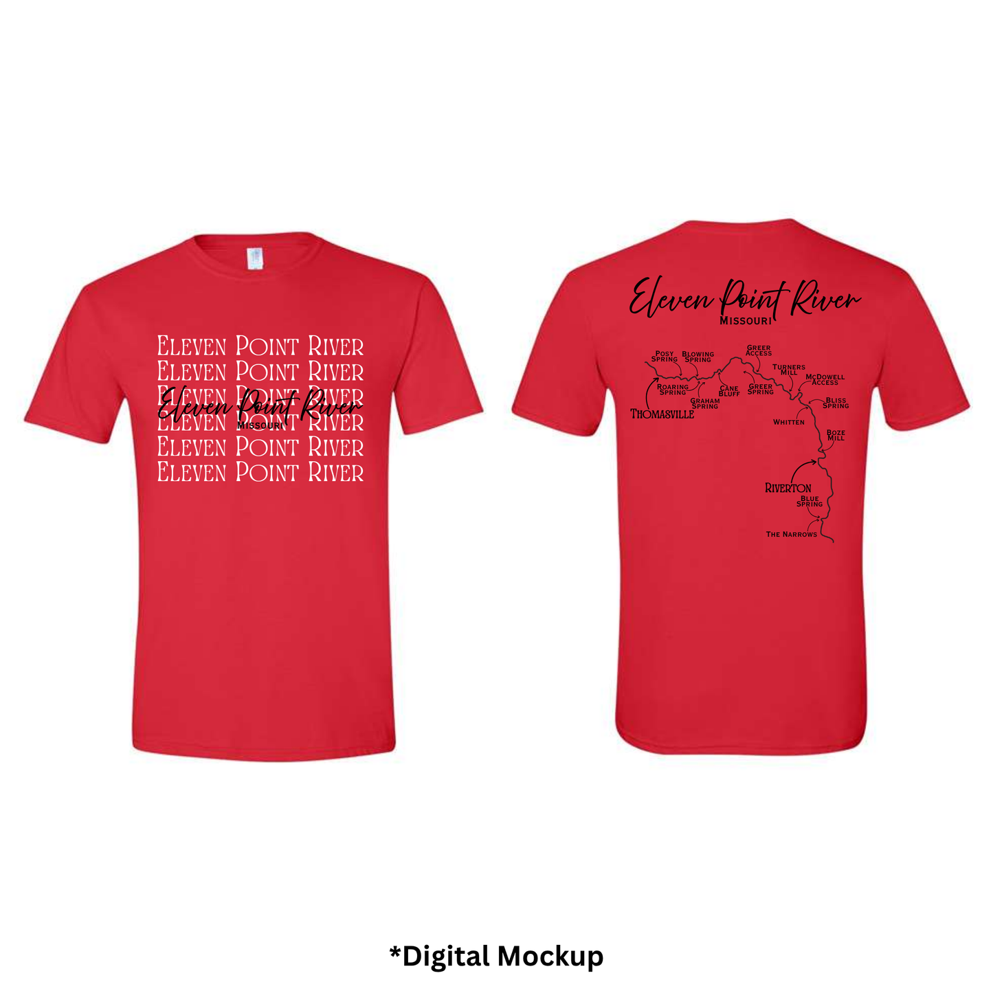 Front and back views of a red t-shirt featuring 'Eleven Point River' text and map graphics, shown on a white background with a digital mockup label at the bottom.