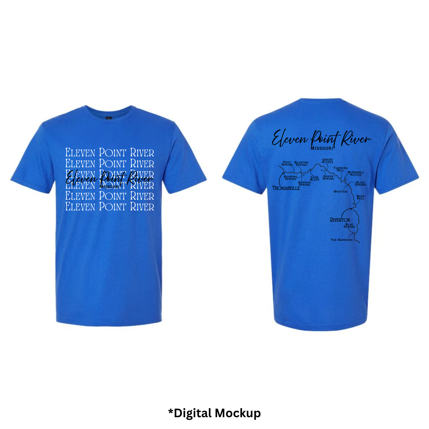 Front and back views of a blue t-shirt featuring 'Eleven Point River' text and map graphics, shown on a white background with a digital mockup label at the bottom.