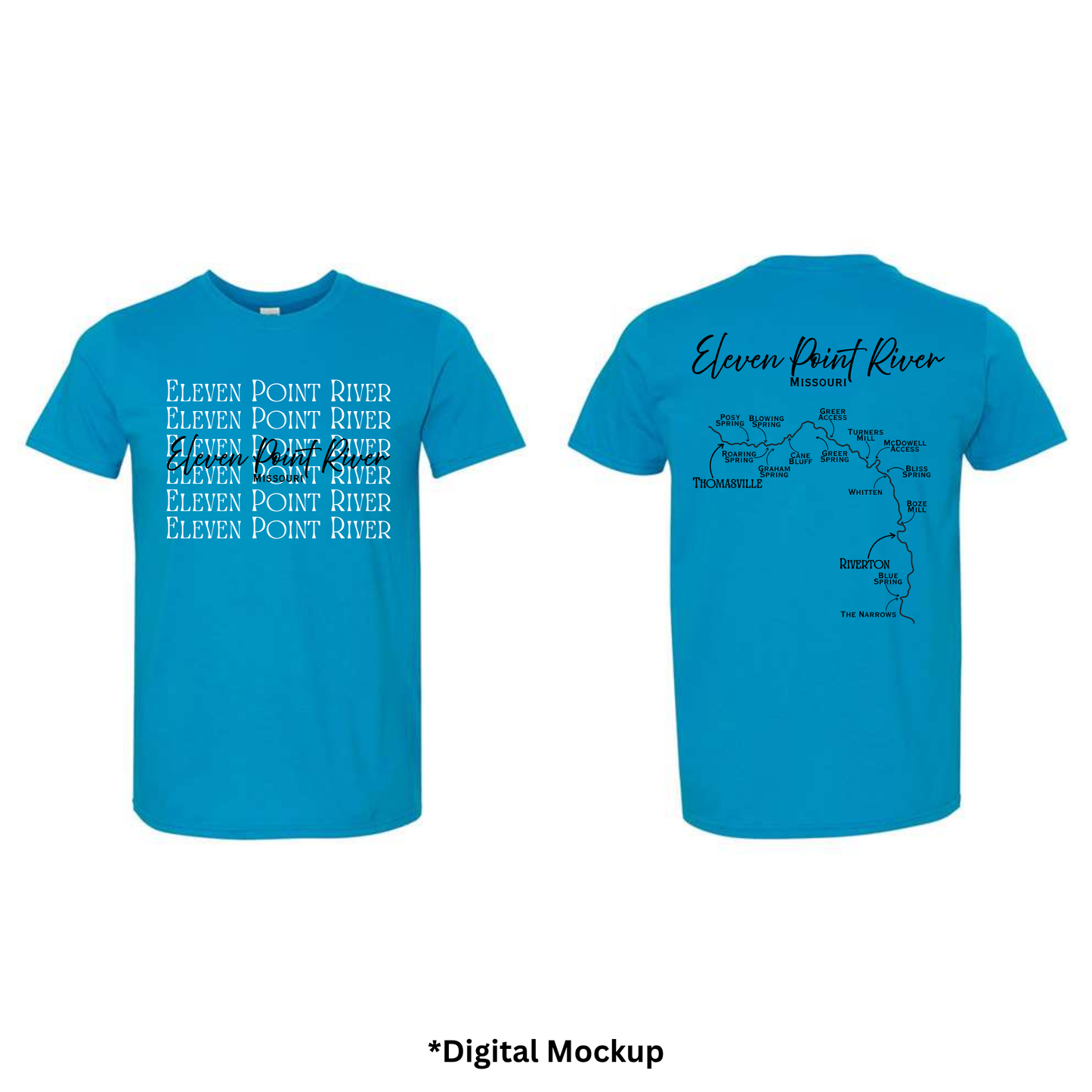 Front and back views of a sapphire blue t-shirt featuring 'Eleven Point River' text and map graphics, shown on a white background with a digital mockup label at the bottom.