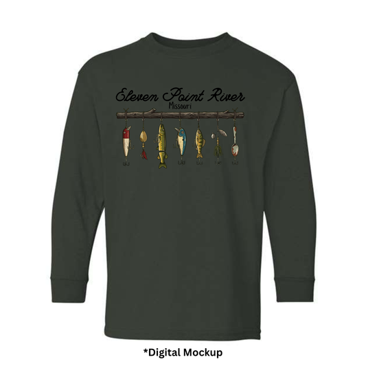 A forest green long-sleeve t-shirt with a 'Eleven Point River Missouri' graphic on the chest, featuring fishing lure illustrations, shown as a digital mockup on a white background with '*Digital Mockup' text below.