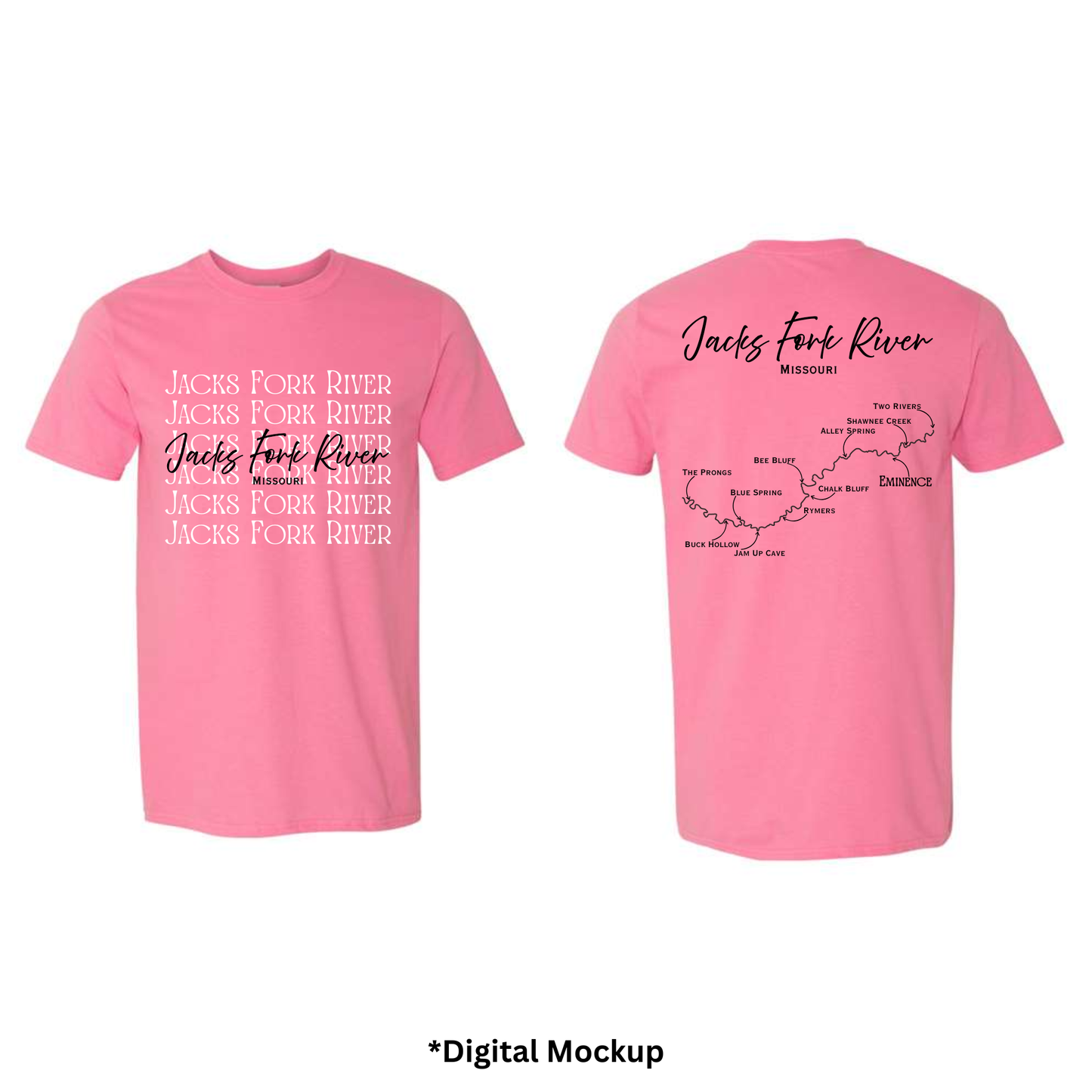 Front and back views of a pink t-shirt featuring 'Jacks Fork River' text and map graphics, shown on a white background with '*Digital Mockup' text below.