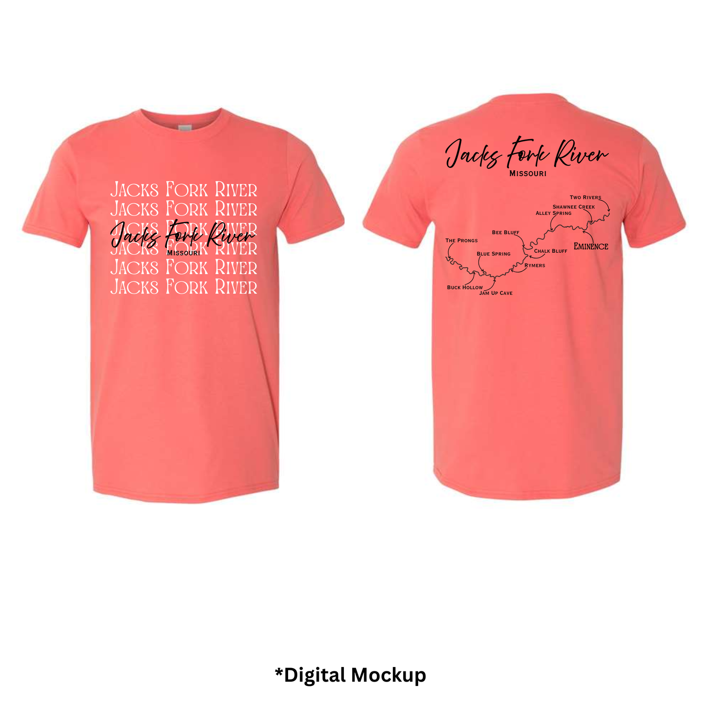 Front and back views of a coral pink t-shirt featuring 'Jacks Fork River' text and map graphics, shown on a white background with '*Digital Mockup' text below.