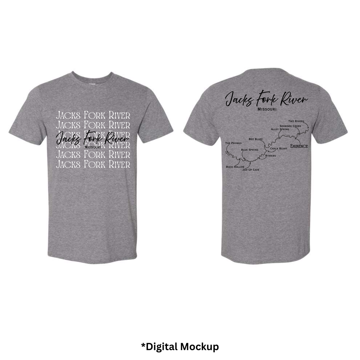 Front and back views of a heather gray t-shirt featuring 'Jacks Fork River' text and map graphics, shown as a digital mockup on a white background with '*Digital Mockup' text below.