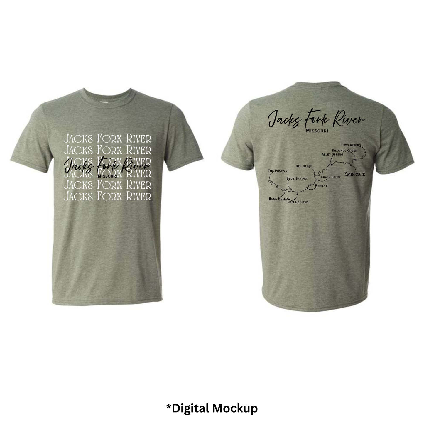 Front and back views of a heather gray t-shirt featuring 'Jacks Fork River' text and map graphics, shown on a white background with '*Digital Mockup' text below.