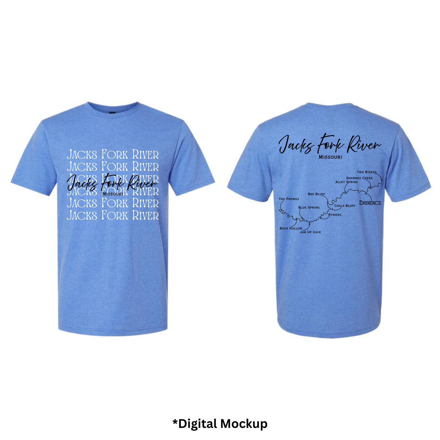 Front and back views of a heather blue t-shirt featuring 'Jacks Fork River' text and map graphics, shown on a white background with '*Digital Mockup' text below.