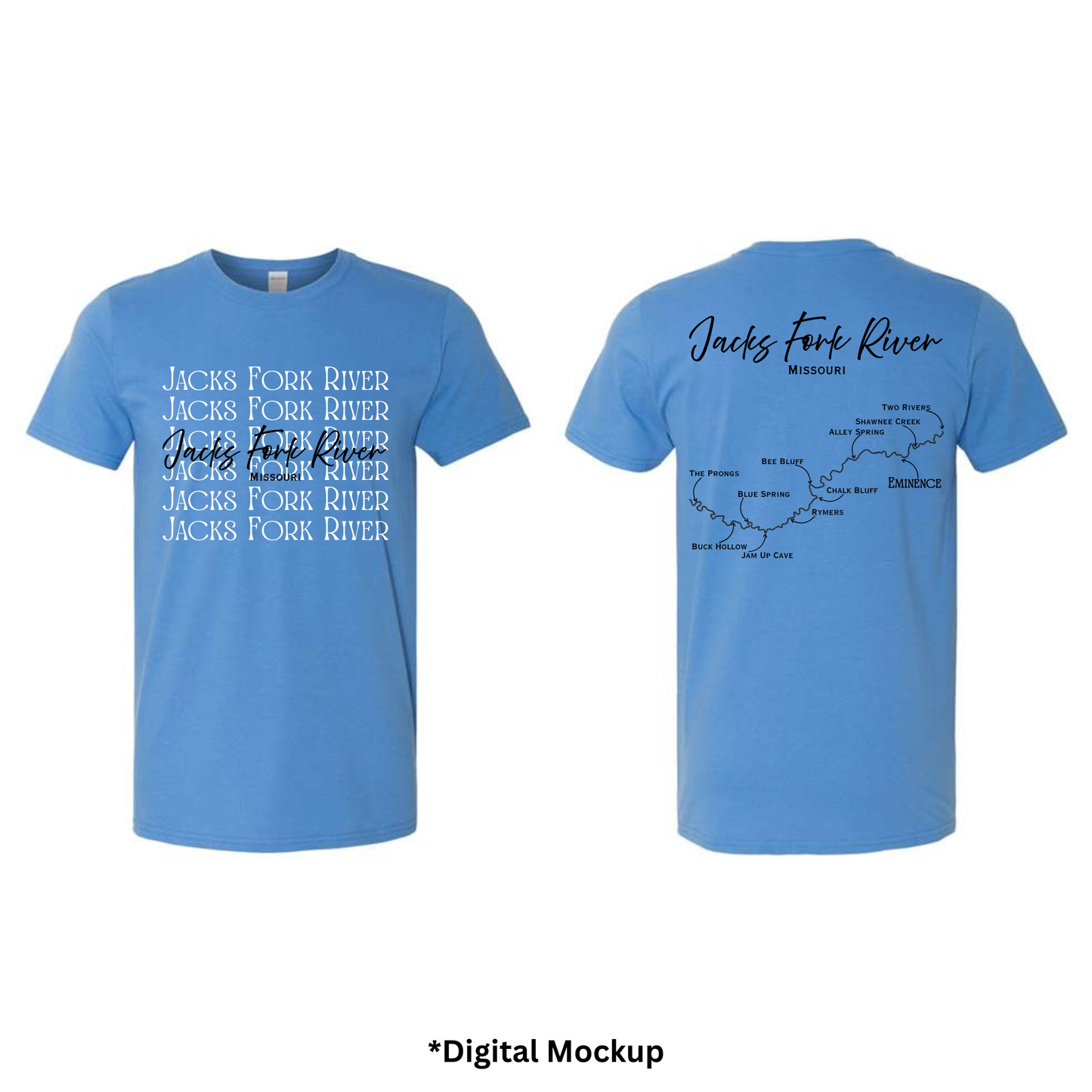 Front and back views of a light blue t-shirt featuring 'Jacks Fork River' text and map graphics, shown on a white background with '*Digital Mockup' text below.