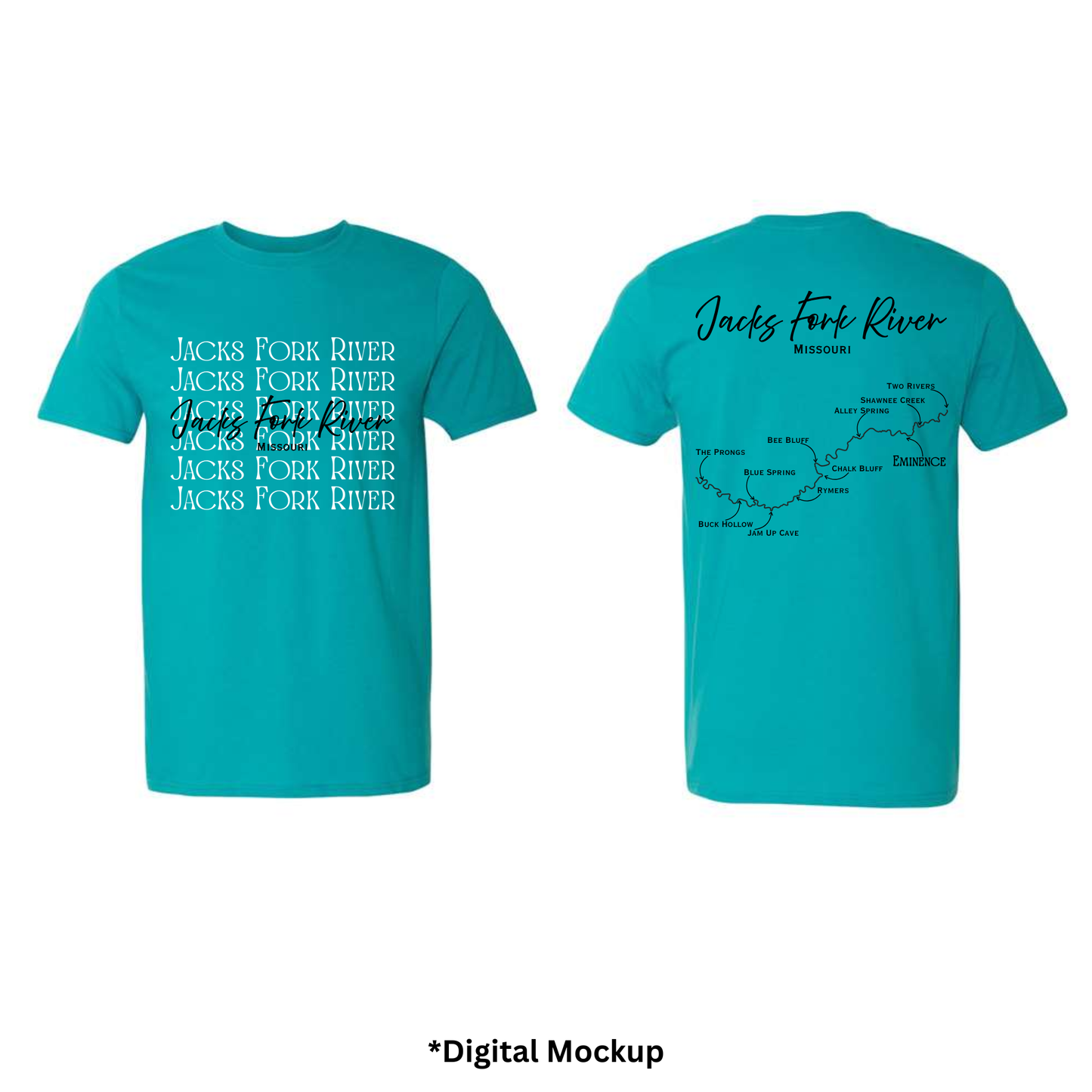 Front and back views of a jade green t-shirt featuring 'Jacks Fork River' text and map graphics, shown on a white background with '*Digital Mockup' text below.