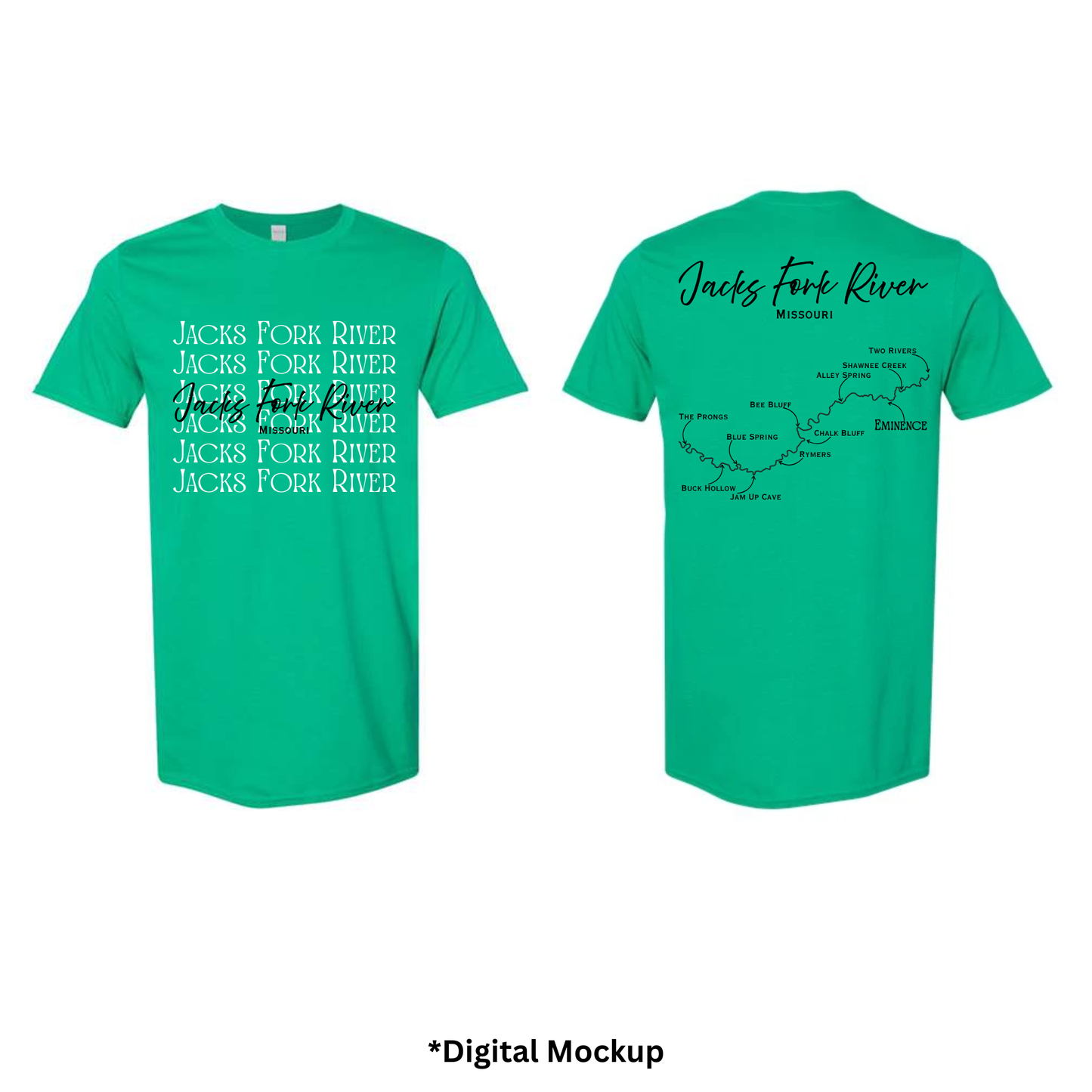 Front and back views of a green t-shirt featuring 'Jacks Fork River' text and map graphics, shown on a white background with '*Digital Mockup' text below.
