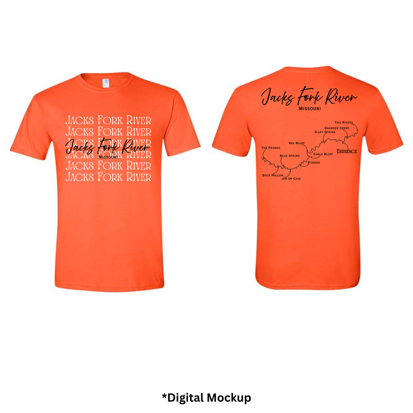 Front and back views of an orange t-shirt featuring 'Jacks Fork River' text and map graphics, shown on a white background with '*Digital Mockup' text below.