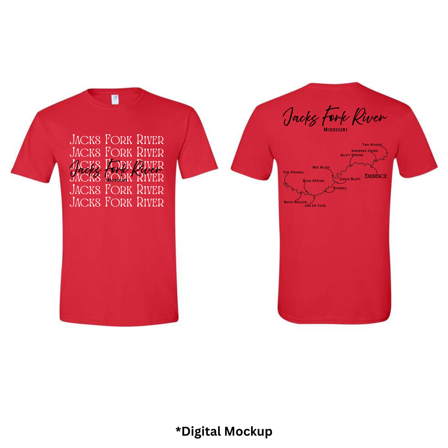 Front and back views of a red t-shirt featuring 'Jacks Fork River' text and map graphics, shown on a white background with '*Digital Mockup' text below.
