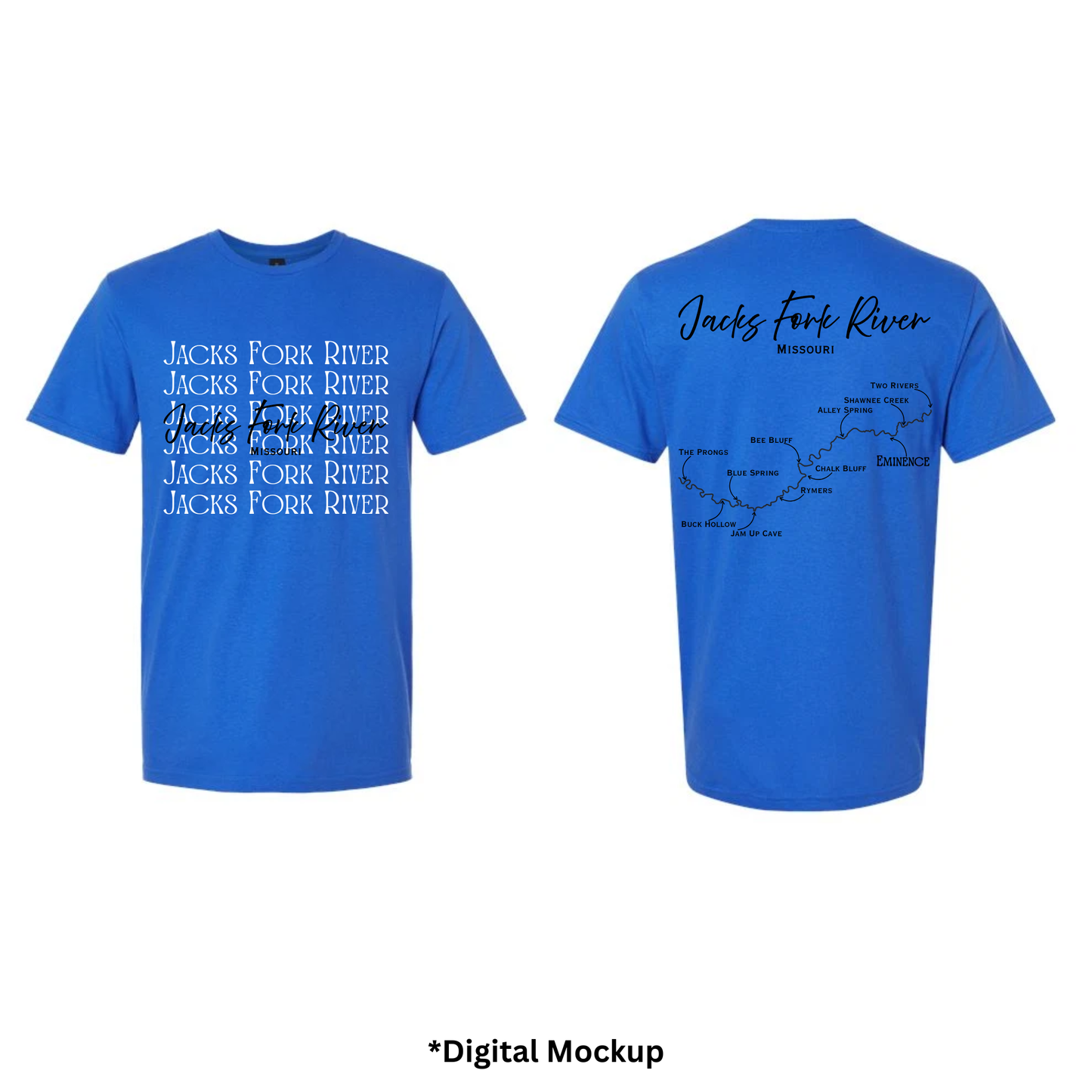 Front and back views of a blue t-shirt featuring 'Jacks Fork River' text and map graphics, shown on a white background with '*Digital Mockup' text below.
