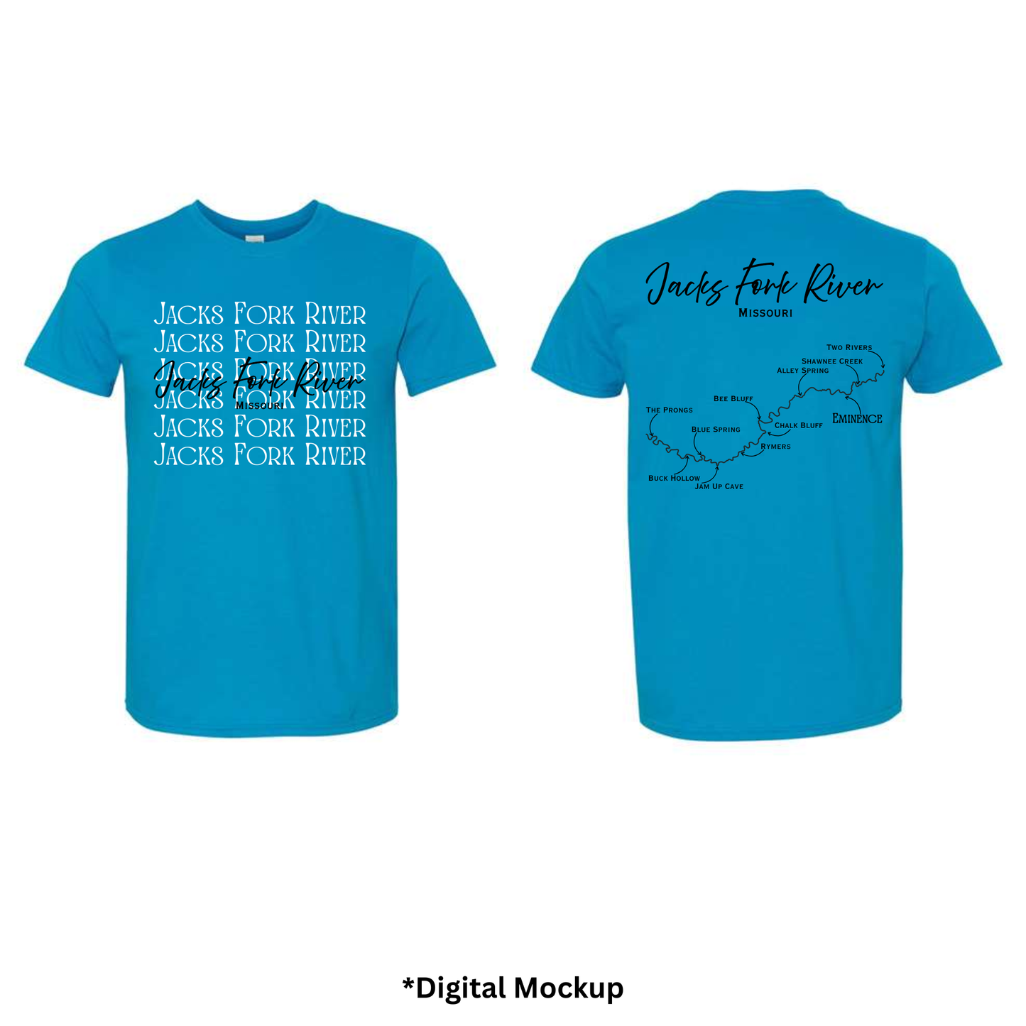 Front and back views of a sapphire blue t-shirt featuring 'Jacks Fork River' text and map graphics, shown on a white background with '*Digital Mockup' text below.