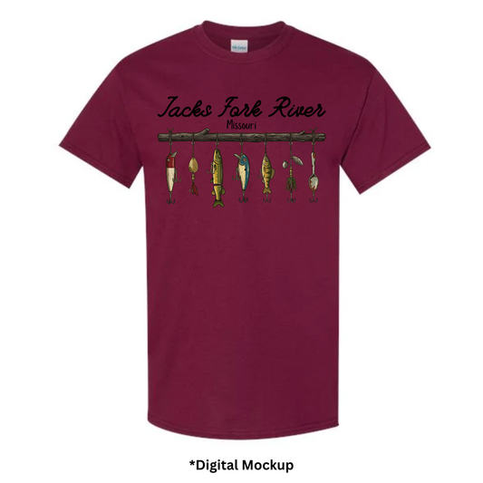 A maroon short-sleeve t-shirt with a 'Jacks Fork River Missouri' graphic on the chest, featuring fishing lure illustrations, shown as a digital mockup on a white background with '*Digital Mockup' text below.
