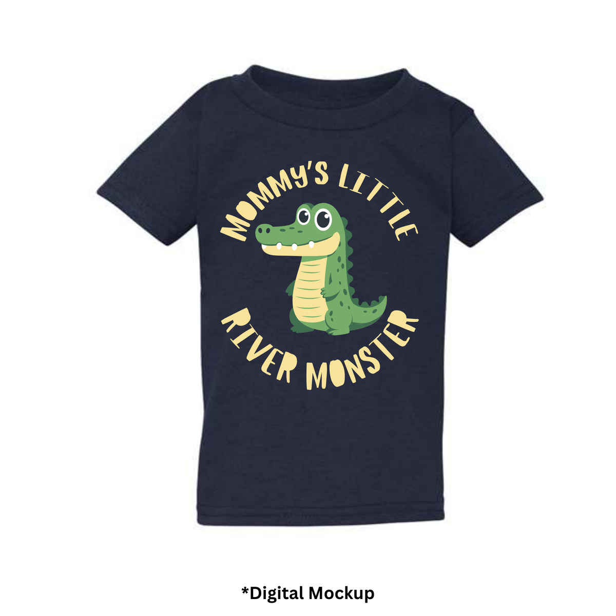 A navy short-sleeve kids' t-shirt with a green cartoon gator graphic and the text 'MOMMY'S LITTLE RIVER MONSTER' printed on the front. The image is a digital mockup with a small '*Digital Mockup' label at the bottom.