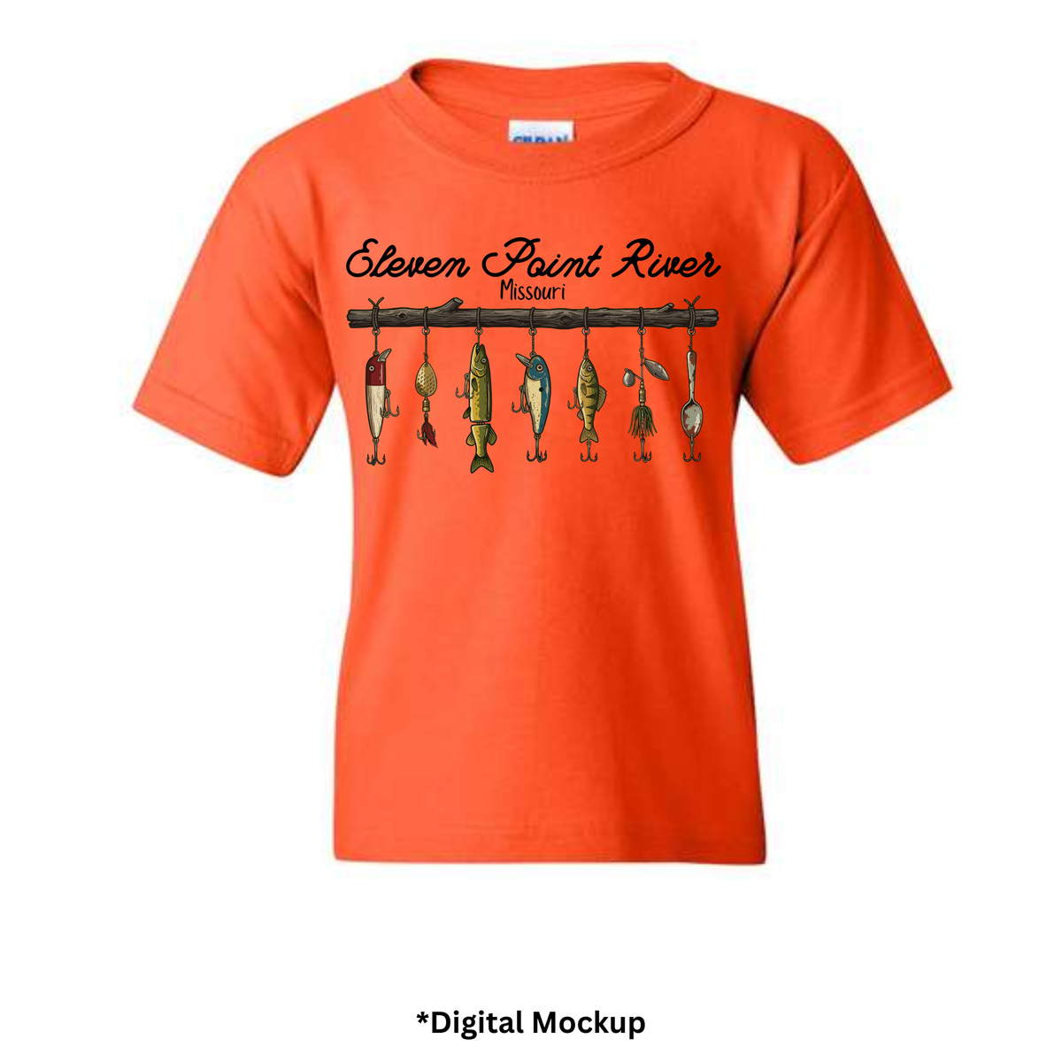 An orange short-sleeve t-shirt with a 'Eleven Point River Missouri' graphic on the chest, featuring fishing lure illustrations, shown as a digital mockup on a white background with '*Digital Mockup' text below.