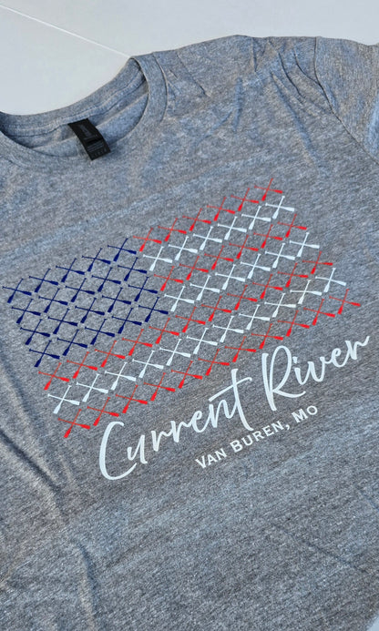 Heather gray t-shirt with a graphic design of multiple canoe paddles arranged to look like a US Flag. The text "Current River Van Buren, Mo" is at the bottom. 